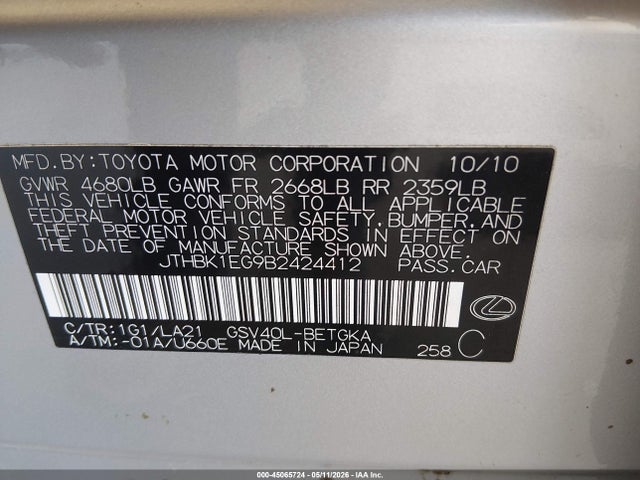 Aukcja sprzedaży 2011 Lexus Es 350, vin: JTHBK1EG9B2424412, numer aukcji: 45065724