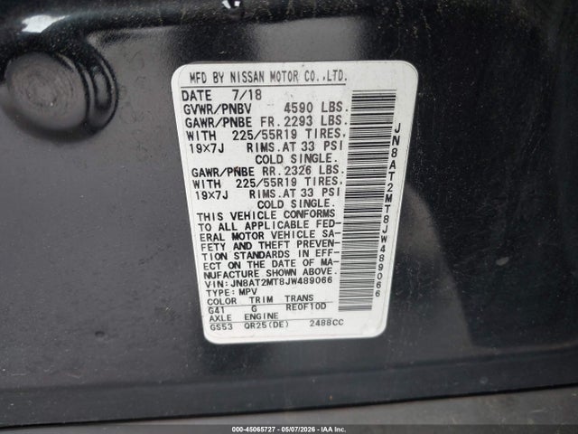 2018 Nissan Rogue Sl მანქანა იყიდება აუქციონზე, vin: JN8AT2MT8JW489066, აუქციონის ნომერი: 45065727