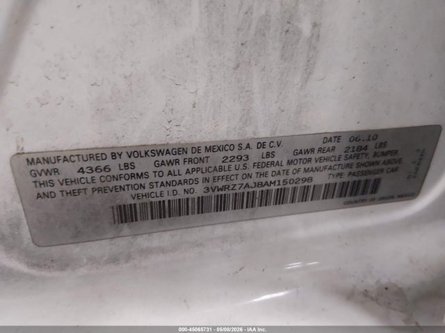 Aukcja sprzedaży 2010 Volkswagen Jetta Limited Edition, vin: 3VWRZ7AJ8AM150298, numer aukcji: 45065731