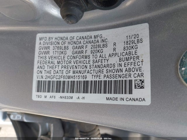 Aukcja sprzedaży 2021 Honda Civic Lx, vin: 2HGFC2F60MH515169, numer aukcji: 45065734