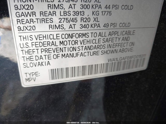 45065738 :رقم المزاد ، WA1LGAFE6FD015311 vin ، 2015 Audi Q7 3.0t Premium مزاد بيع