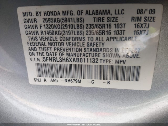 Aukcja sprzedaży 2010 Honda Odyssey Ex-l, vin: 5FNRL3H6XAB011132, numer aukcji: 45065744