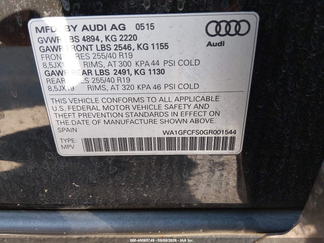 Auction sale of the 2016 Audi Q3 2.0t Premium Plus, vin: WA1GFCFS0GR001544, lot number: 45065749