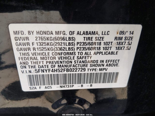 Продажа на аукционе авто 2015 Honda Pilot Ex-l, vin: 5FNYF4H52FB022729, номер лота: 45065764