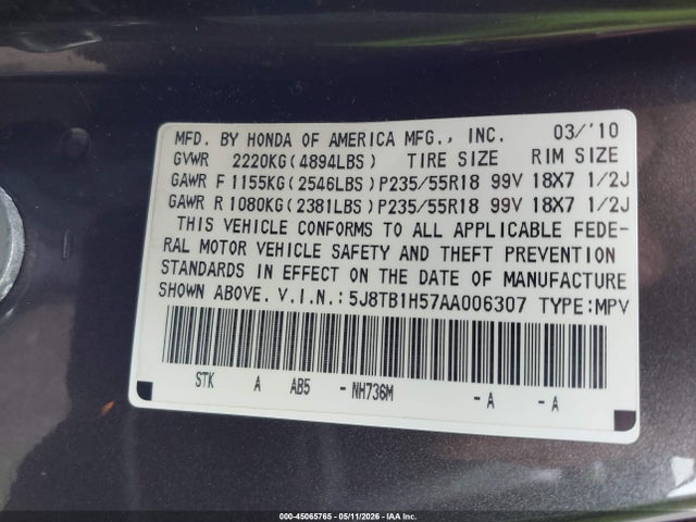 Aukcja sprzedaży 2010 Acura Rdx, vin: 5J8TB1H57AA006307, numer aukcji: 45065765