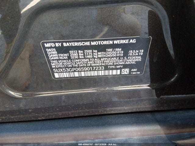 2025 Bmw X3 30 Xdrive მანქანა იყიდება აუქციონზე, vin: 5UX53GP06S9017233, აუქციონის ნომერი: 45065767