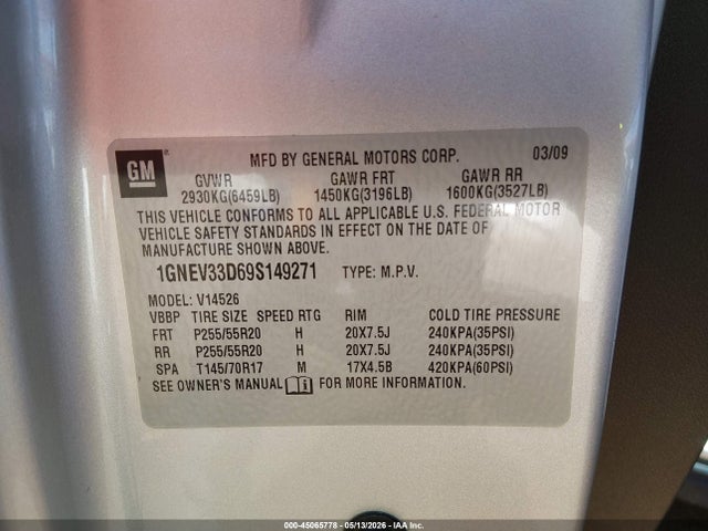 45065778 :رقم المزاد ، 1GNEV33D69S149271 vin ، 2009 Chevrolet Traverse Ltz مزاد بيع