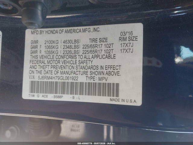 Aukcja sprzedaży 2016 Honda Cr-v Ex-l, vin: 5J6RM4H79GL061922, numer aukcji: 45065779