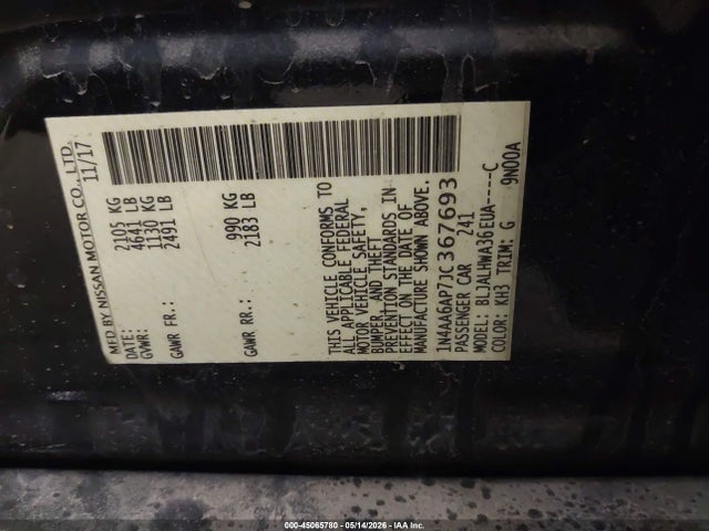 2018 Nissan Maxima 3.5 Platinum მანქანა იყიდება აუქციონზე, vin: 1N4AA6AP7JC367693, აუქციონის ნომერი: 45065780