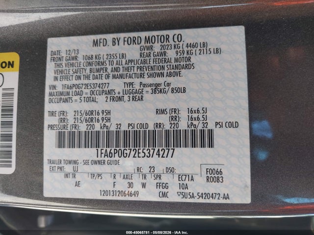 Aukcja sprzedaży 2014 Ford Fusion S, vin: 1FA6P0G72E5374277, numer aukcji: 45065781