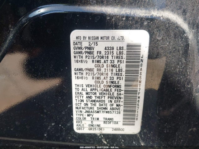 2015 Nissan Rogue Select S მანქანა იყიდება აუქციონზე, vin: JN8AS5MT7FW657128, აუქციონის ნომერი: 45065783