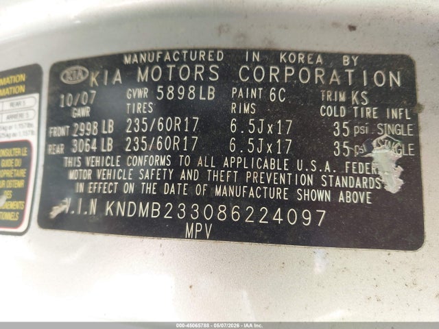 Aukcja sprzedaży 2008 Kia Sedona Ex, vin: KNDMB233086224097, numer aukcji: 45065788