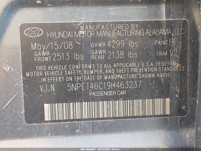 Aukcja sprzedaży 2009 Hyundai Sonata Gls, vin: 5NPET46C19H463237, numer aukcji: 45065807