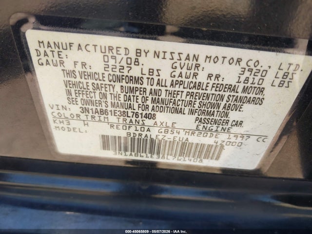 45065809 :رقم المزاد ، 3N1AB61E38L761408 vin ، 2008 Nissan Sentra 2.0s مزاد بيع