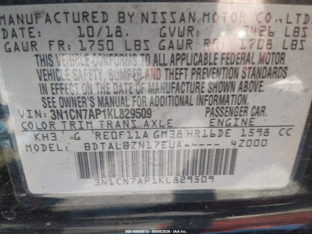 Aukcja sprzedaży 2019 Nissan Versa 1.6 Sv, vin: 3N1CN7AP1KL829509, numer aukcji: 45065810