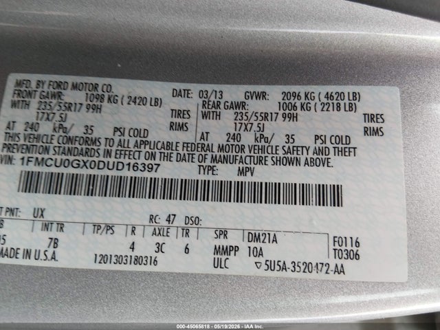 2013 Ford Escape Se მანქანა იყიდება აუქციონზე, vin: 1FMCU0GX0DUD16397, აუქციონის ნომერი: 45065818