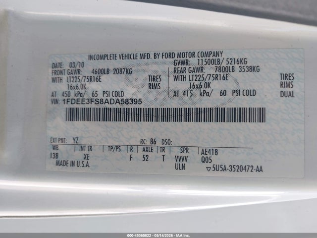 Продажа на аукционе авто 2010 Ford E-350 Cutaway, vin: 1FDEE3FS8ADA58395, номер лота: 45065822