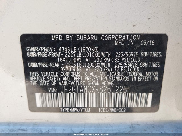 2019 Subaru Crosstrek 2.0i Limited მანქანა იყიდება აუქციონზე, vin: JF2GTANCXK8251225, აუქციონის ნომერი: 45065825
