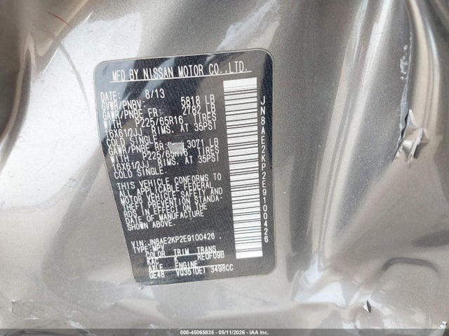 45065835 :رقم المزاد ، JN8AE2KP2E9100426 vin ، 2014 Nissan Quest S مزاد بيع