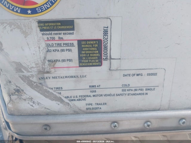 2022 Trailer Manley Metalworks მანქანა იყიდება აუქციონზე, vin: 7J8BE2026N1001751, აუქციონის ნომერი: 45065842