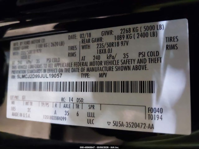2018 Lincoln Mkc Select მანქანა იყიდება აუქციონზე, vin: 5LMCJ2D99JUL19057, აუქციონის ნომერი: 45065847