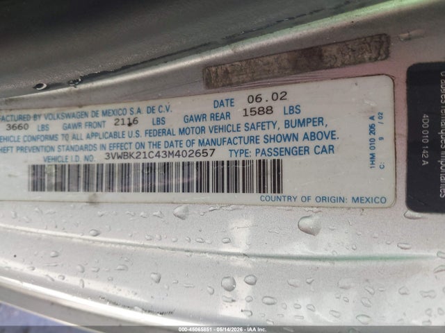 45065851 :رقم المزاد ، 3VWBK21C43M402657 vin ، 2003 Volkswagen New Beetle Gl مزاد بيع
