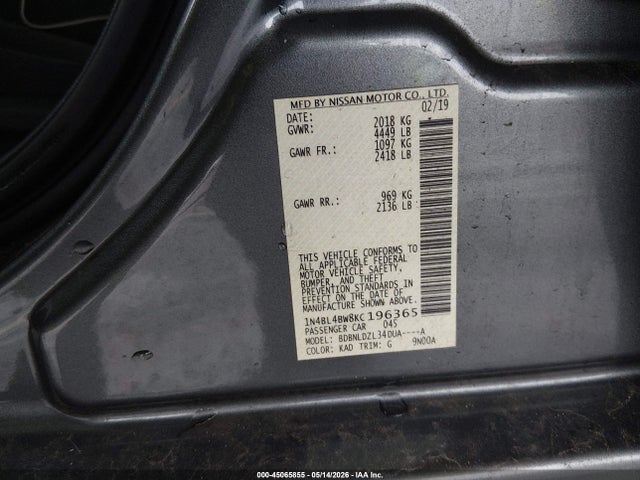 45065855 :رقم المزاد ، 1N4BL4BW8KC196365 vin ، 2019 Nissan Altima 2.5 S مزاد بيع