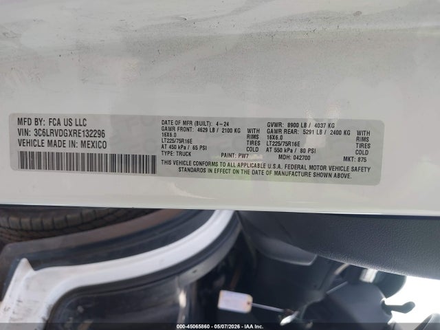 Продаж на аукціоні авто 2024 Ram Promaster 2500 Tradesman High Roof 159 Wb W/pass Seat, vin: 3C6LRVDGXRE132296, номер лоту: 45065860