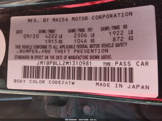 45065861 :رقم المزاد ، JM1BPBLL2M1310981 vin ، 2021 Mazda Mazda3 Preferred مزاد بيع