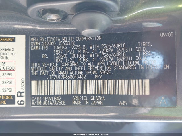 Aukcja sprzedaży 2006 Toyota 4runner Limited V6, vin: JTEZU17R668043432, numer aukcji: 45065865