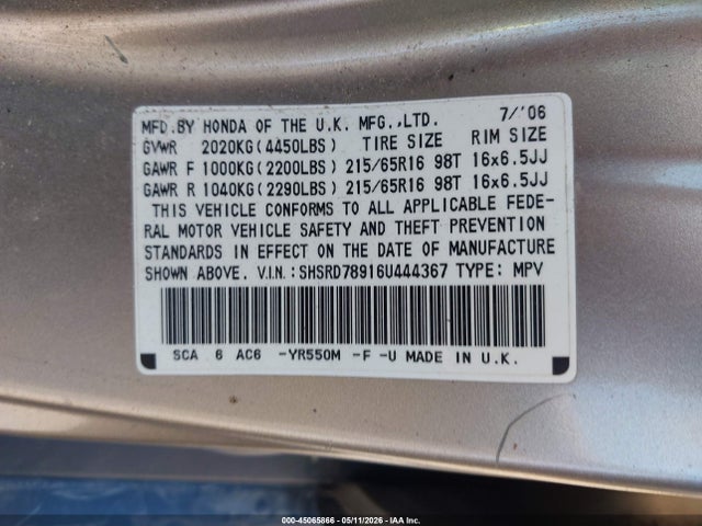 Продаж на аукціоні авто 2006 Honda Cr-v Se, vin: SHSRD78916U444367, номер лоту: 45065866