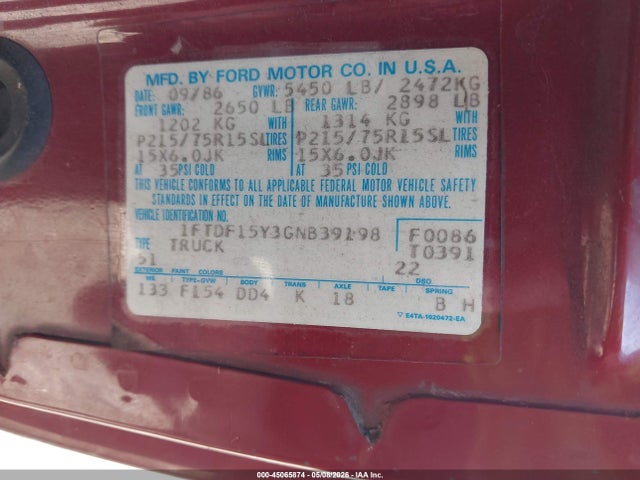 45065874 :رقم المزاد ، 1FTDF15Y3GNB39198 vin ، 1986 Ford F150 مزاد بيع