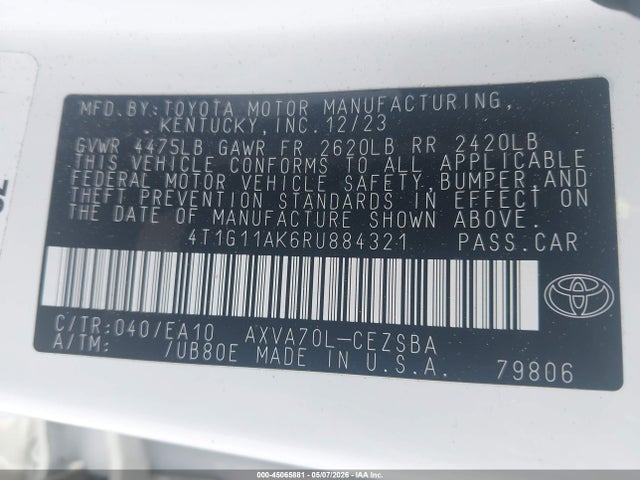 Продажа на аукционе авто 2024 Toyota Camry Se, vin: 4T1G11AK6RU884321, номер лота: 45065881