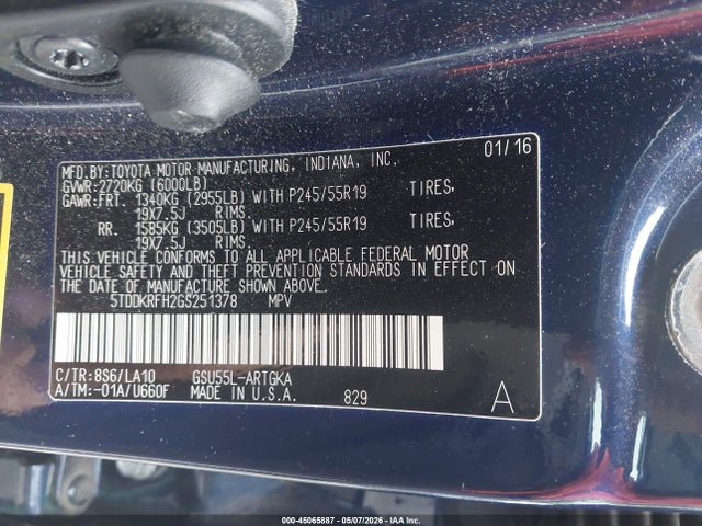 Продажа на аукционе авто 2016 Toyota Highlander Limited Platinum V6, vin: 5TDDKRFH2GS251378, номер лота: 45065887