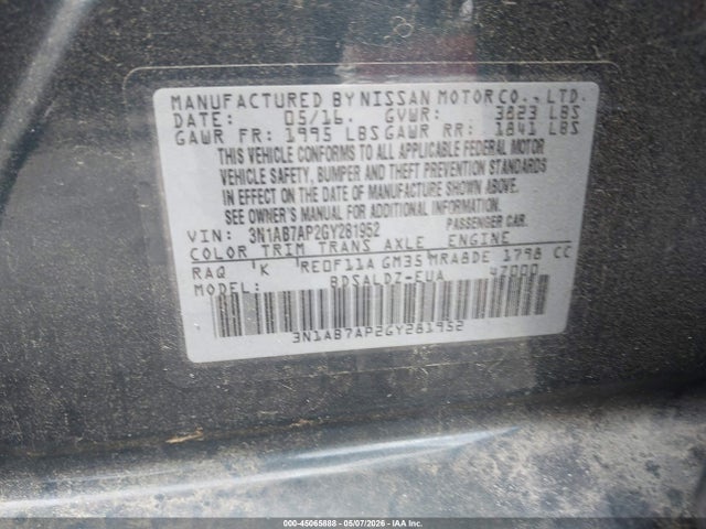 Продажа на аукционе авто 2016 Nissan Sentra Sv, vin: 3N1AB7AP2GY281952, номер лота: 45065888