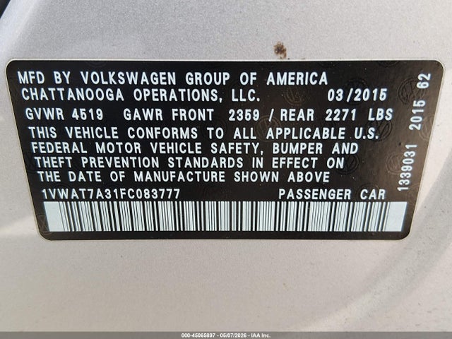 Продаж на аукціоні авто 2015 Volkswagen Passat 1.8t Limited Edition, vin: 1VWAT7A31FC083777, номер лоту: 45065897