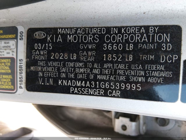 Aukcja sprzedaży 2016 Kia Rio Lx, vin: KNADM4A31G6539995, numer aukcji: 45065906