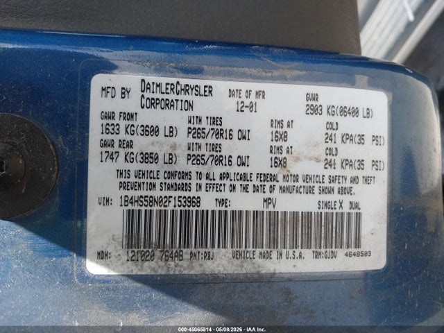 45065914 :رقم المزاد ، 1B4HS58N02F153968 vin ، 2002 Dodge Durango Slt Plus مزاد بيع