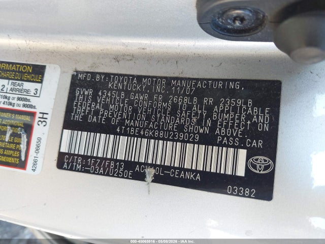 2008 Toyota Camry Le მანქანა იყიდება აუქციონზე, vin: 4T1BE46K88U239029, აუქციონის ნომერი: 45065916