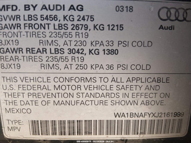 45065918 :رقم المزاد ، WA1BNAFYXJ2161999 vin ، 2018 Audi Q5 2.0t Premium/2.0t Tech Premium مزاد بيع