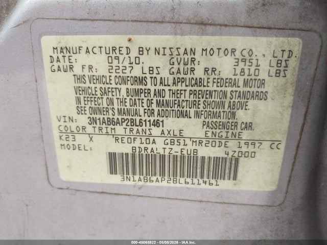 2011 Nissan Sentra 2.0s მანქანა იყიდება აუქციონზე, vin: 3N1AB6AP2BL611461, აუქციონის ნომერი: 45065922