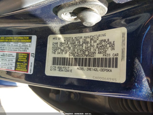 Продаж на аукціоні авто 2012 Toyota Corolla S, vin: 5YFBU4EE3CP058221, номер лоту: 45065925