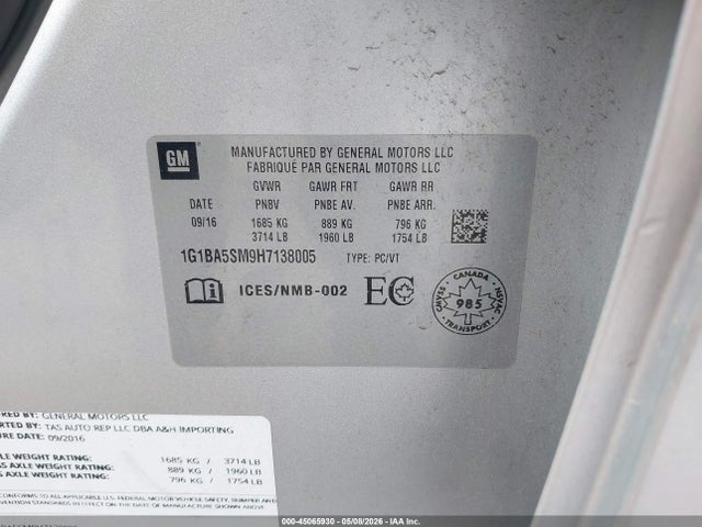 2017 Chevrolet Cruze L Manual მანქანა იყიდება აუქციონზე, vin: 1G1BA5SM9H7138005, აუქციონის ნომერი: 45065930