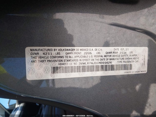 45065931 :رقم المزاد ، 3VWLX7AJ1CM301626 vin ، 2012 Volkswagen Jetta 2.5l Sel مزاد بيع