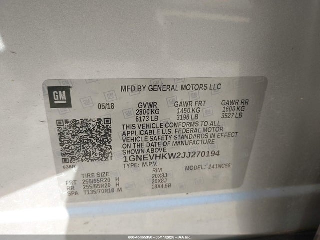 Aukcja sprzedaży 2018 Chevrolet Traverse 3lt, vin: 1GNEVHKW2JJ270194, numer aukcji: 45065950