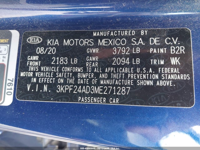 2021 Kia Forte Lxs მანქანა იყიდება აუქციონზე, vin: 3KPF24AD3ME271287, აუქციონის ნომერი: 45065955