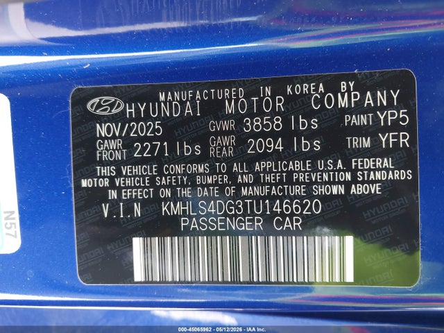 Aukcja sprzedaży 2026 Hyundai Elantra Sel Sport Premium, vin: KMHLS4DG3TU146620, numer aukcji: 45065962