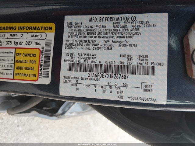 Aukcja sprzedaży 2018 Ford Fusion S, vin: 3FA6P0G72JR267687, numer aukcji: 45065973