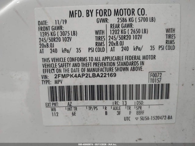 Aukcja sprzedaży 2020 Ford Edge St, vin: 2FMPK4AP2LBA22169, numer aukcji: 45065974