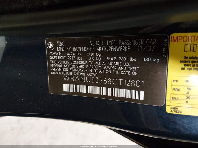 Продаж на аукціоні авто 2008 Bmw 528i, vin: WBANU53568CT12801, номер лоту: 45065975